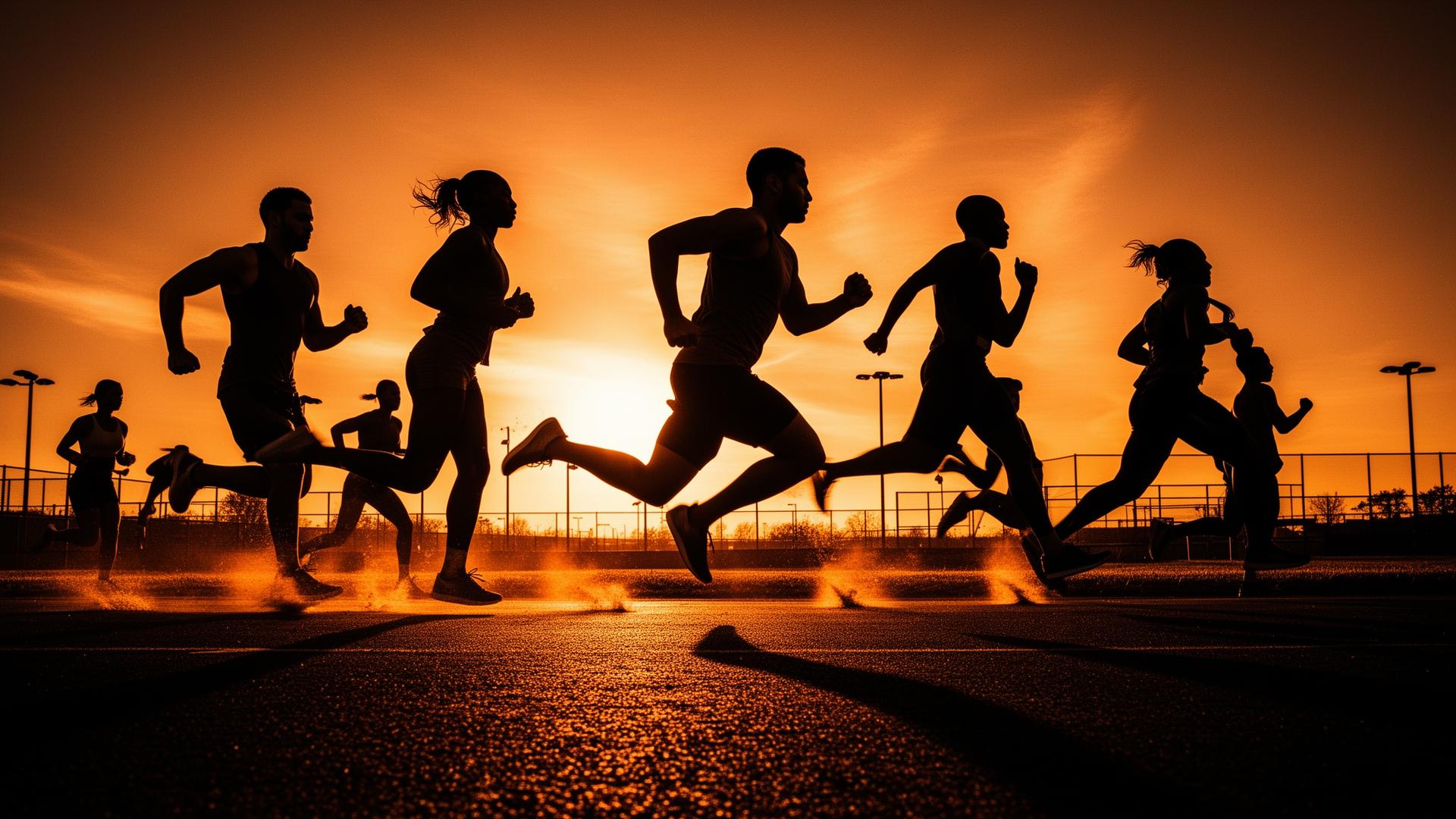 Athletes in motion at sunset